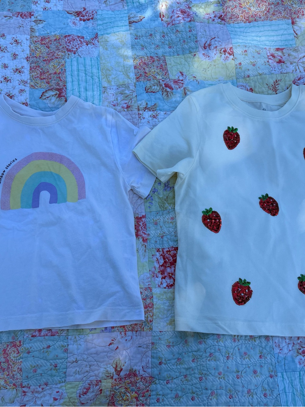 H&M White Tee with Rainbow Print & H&M White Tee with Strawberry Appliqués